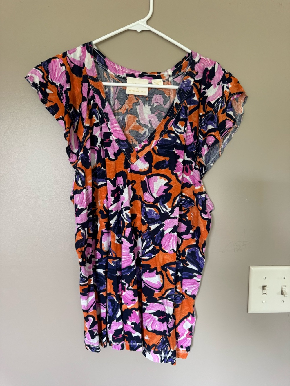 Anthropologie Floral Scoop Neck Top in Pink, Orange & Navy